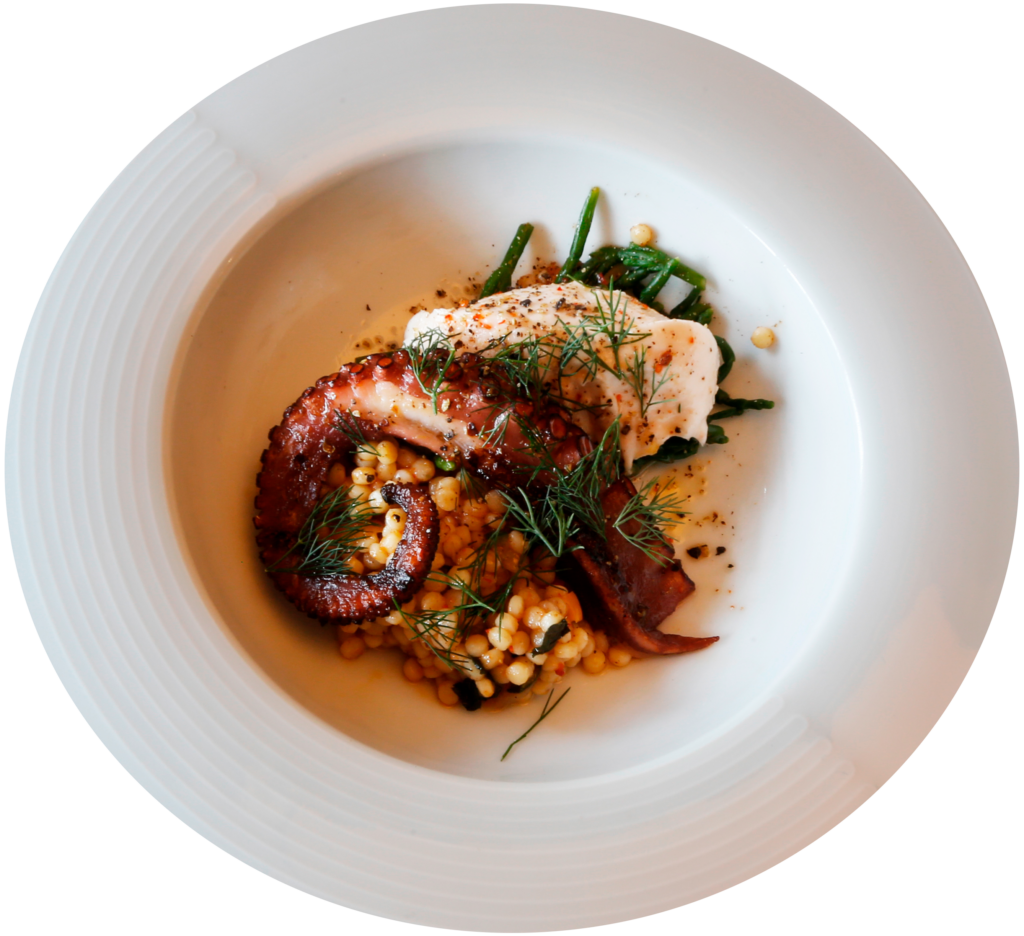 Diep wit bord met gegrilde octopus tourlou